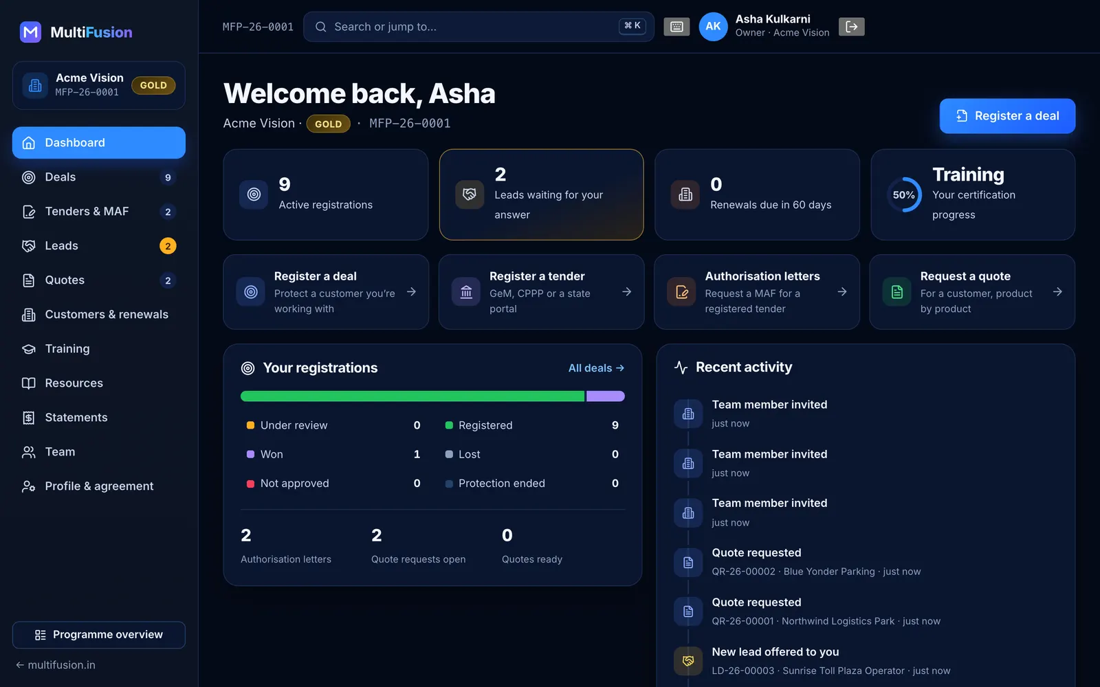 MultiFusion partner portal: Dashboard