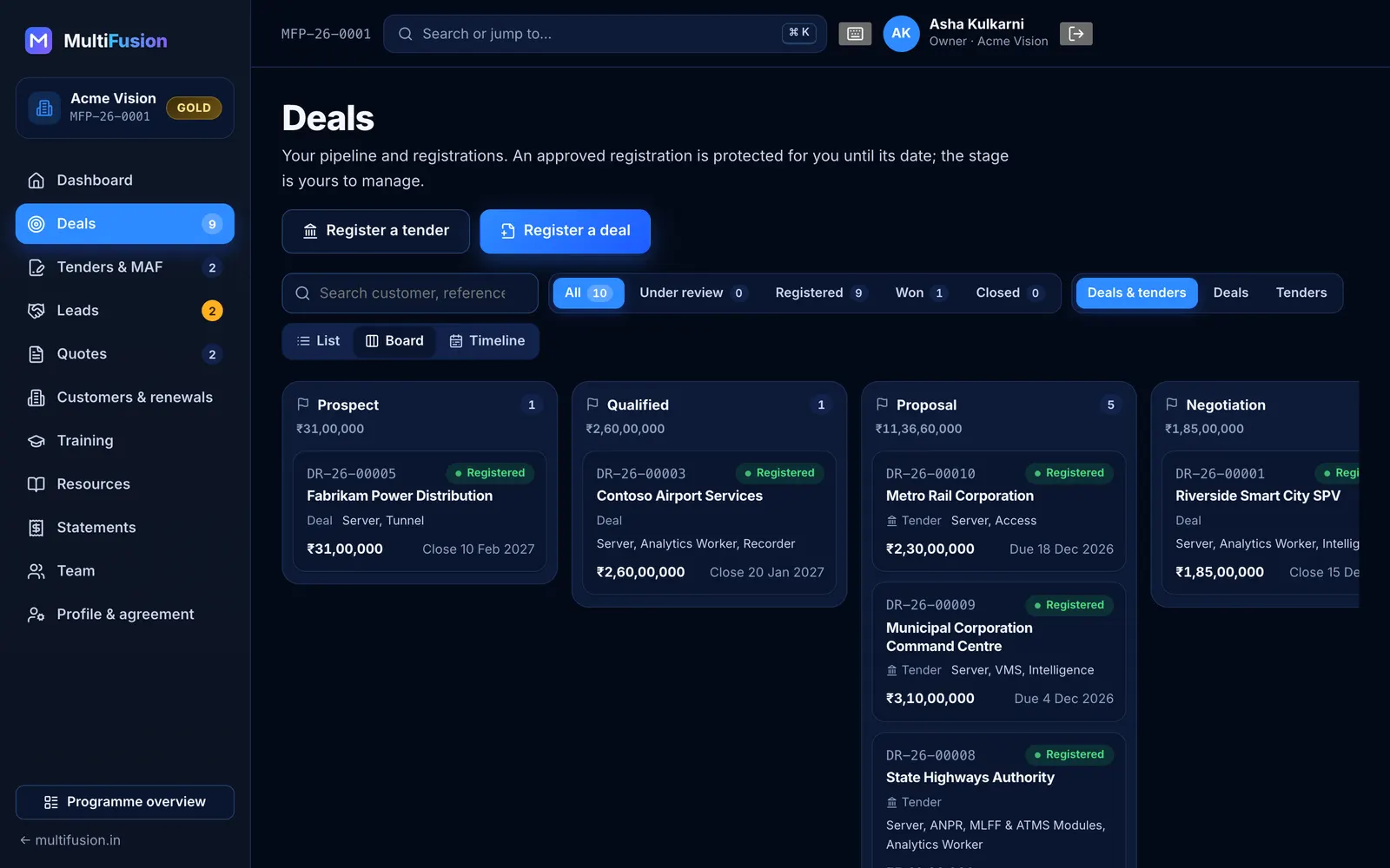 MultiFusion partner portal: Deal pipeline
