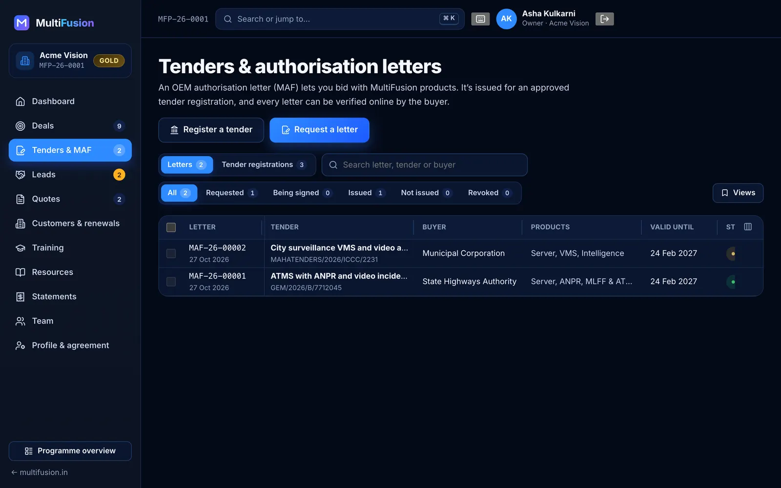 MultiFusion partner portal: Tenders & MAF letters